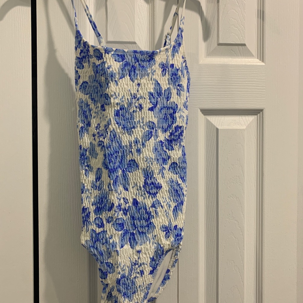 Aerie blue and white floral smocked one piece